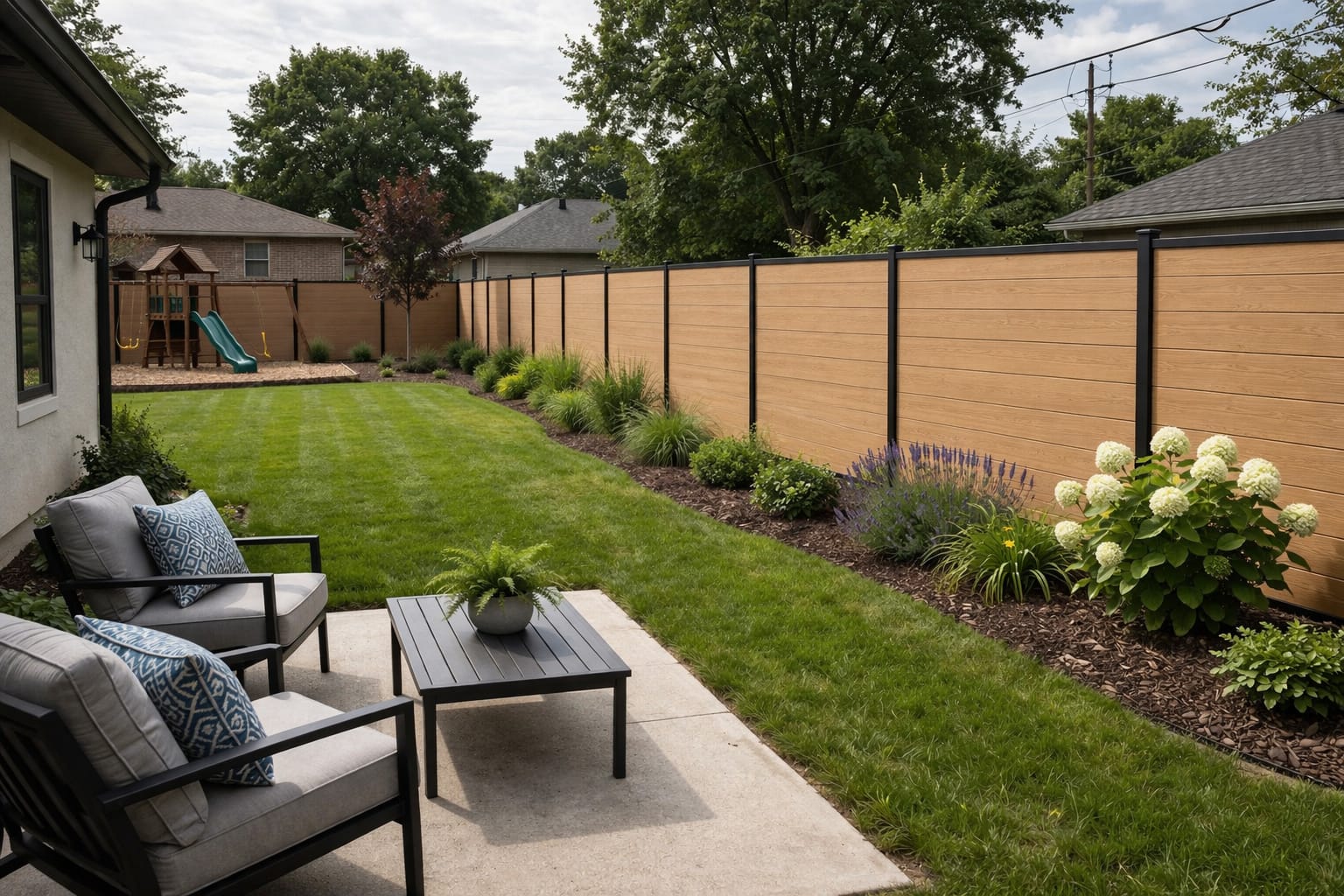 Vinyl privacy fence beside a landscaped backyard patio