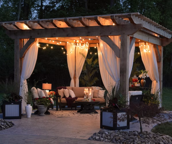 Pergola (cedar, night, outdoor living)