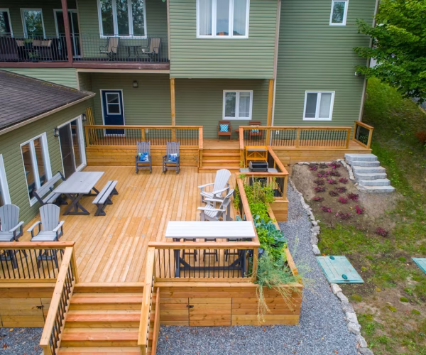 Wooden deck (balluster railing, skirting, boarders, hatch doors)