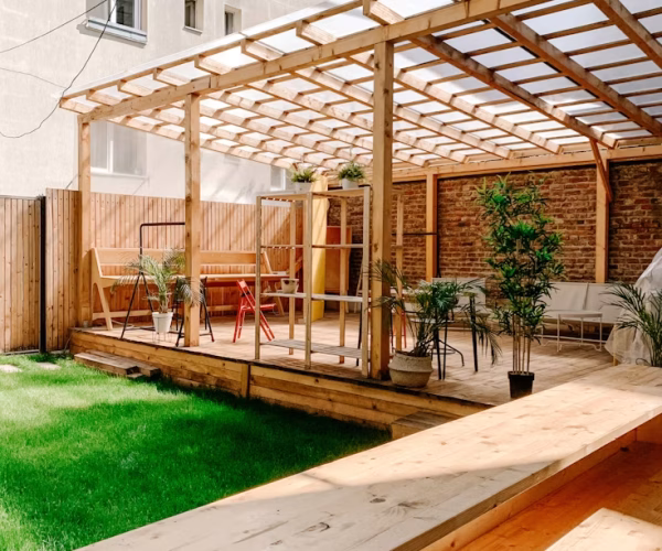 sheltered structure (wooden deck)